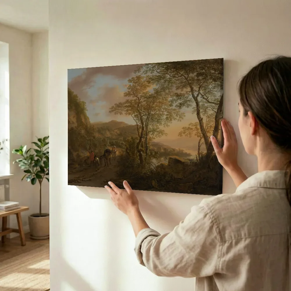 Sfeerimpressie: Italiaans landschap met reizigers van Jan Both terwijl het wordt opgehangen