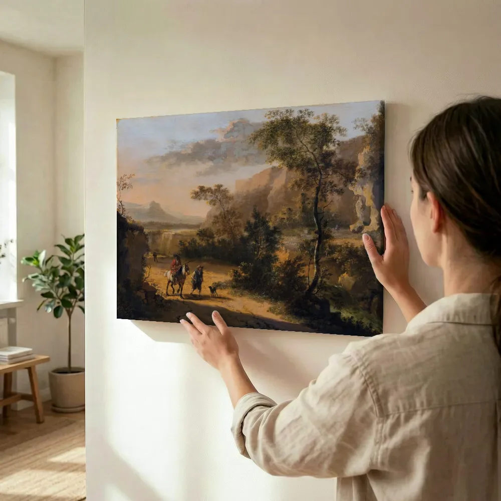 Sfeerimpressie: Italiaans landschap van Jan Hackaert terwijl het wordt opgehangen