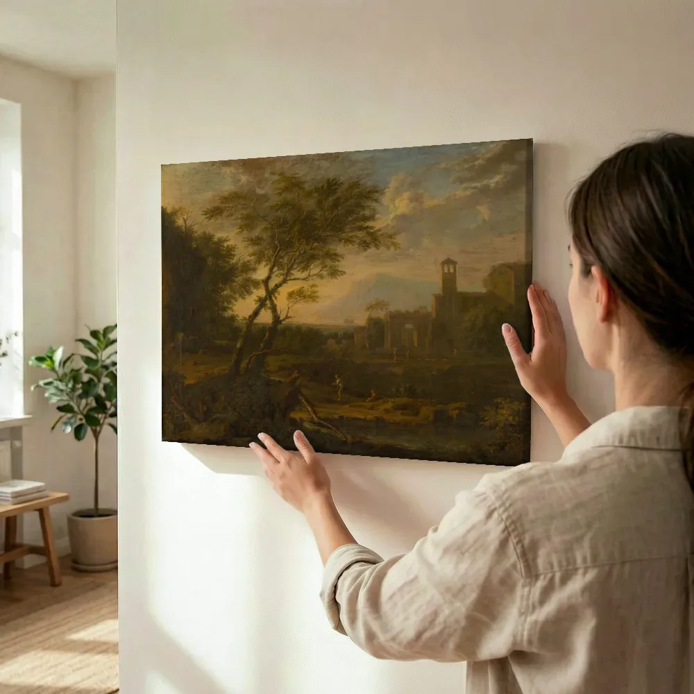 Sfeerimpressie: Italiaans landschap van Jan van Huysum terwijl het wordt opgehangen