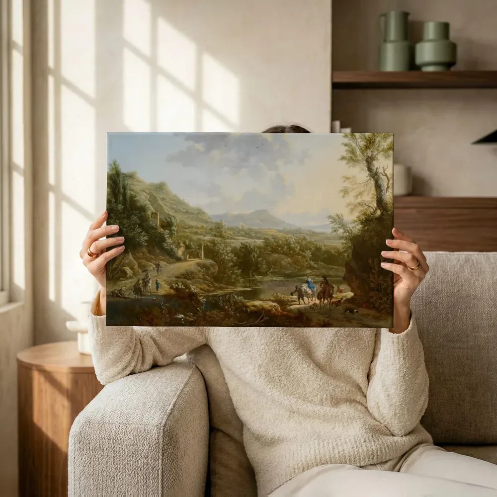 Sfeerimpressie: Italiaans landschap van Johannes Lingelbach terwijl het omhoog wordt gehouden