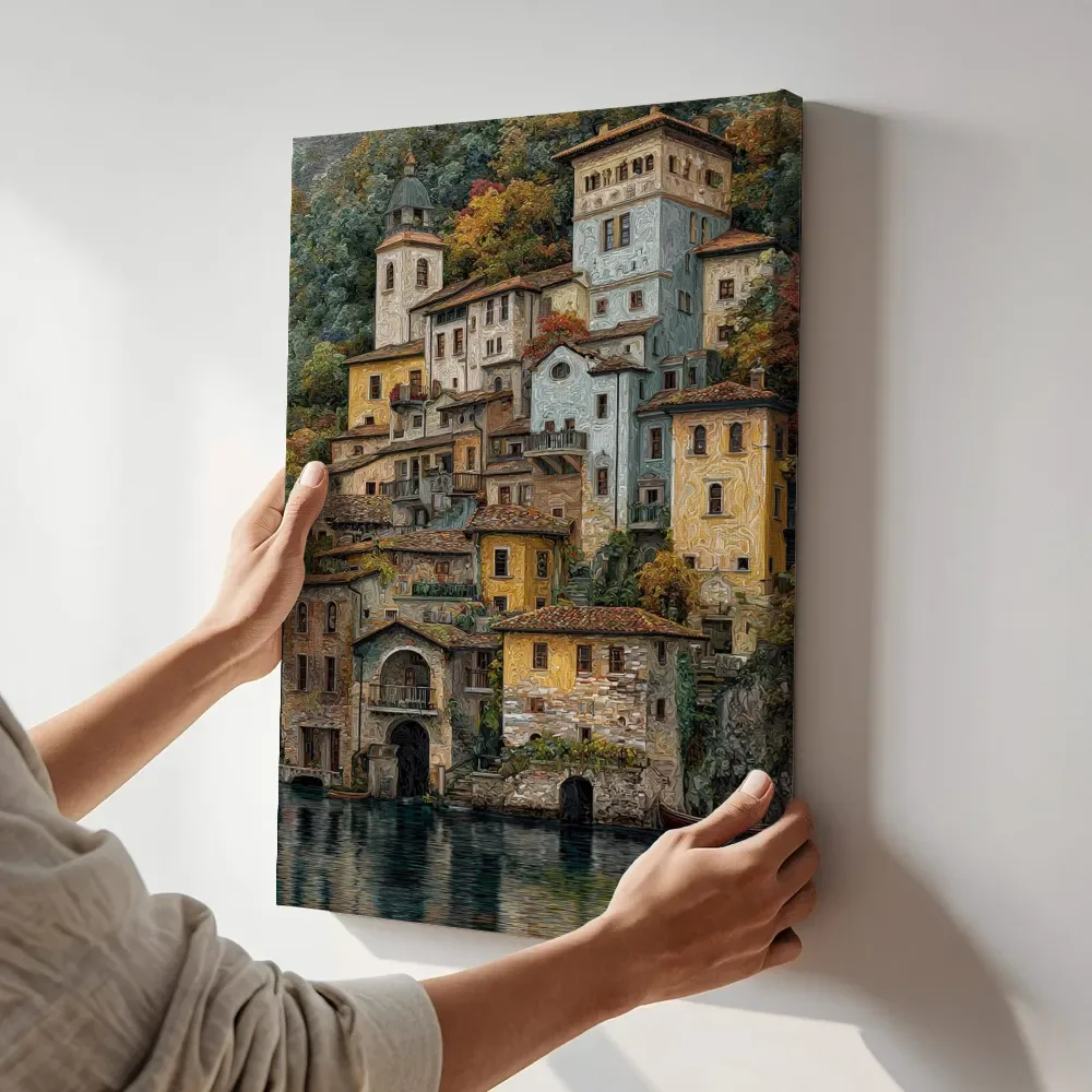Sfeerimpressie: Italiaans meerdorp terwijl het aan de muur wordt gehangen