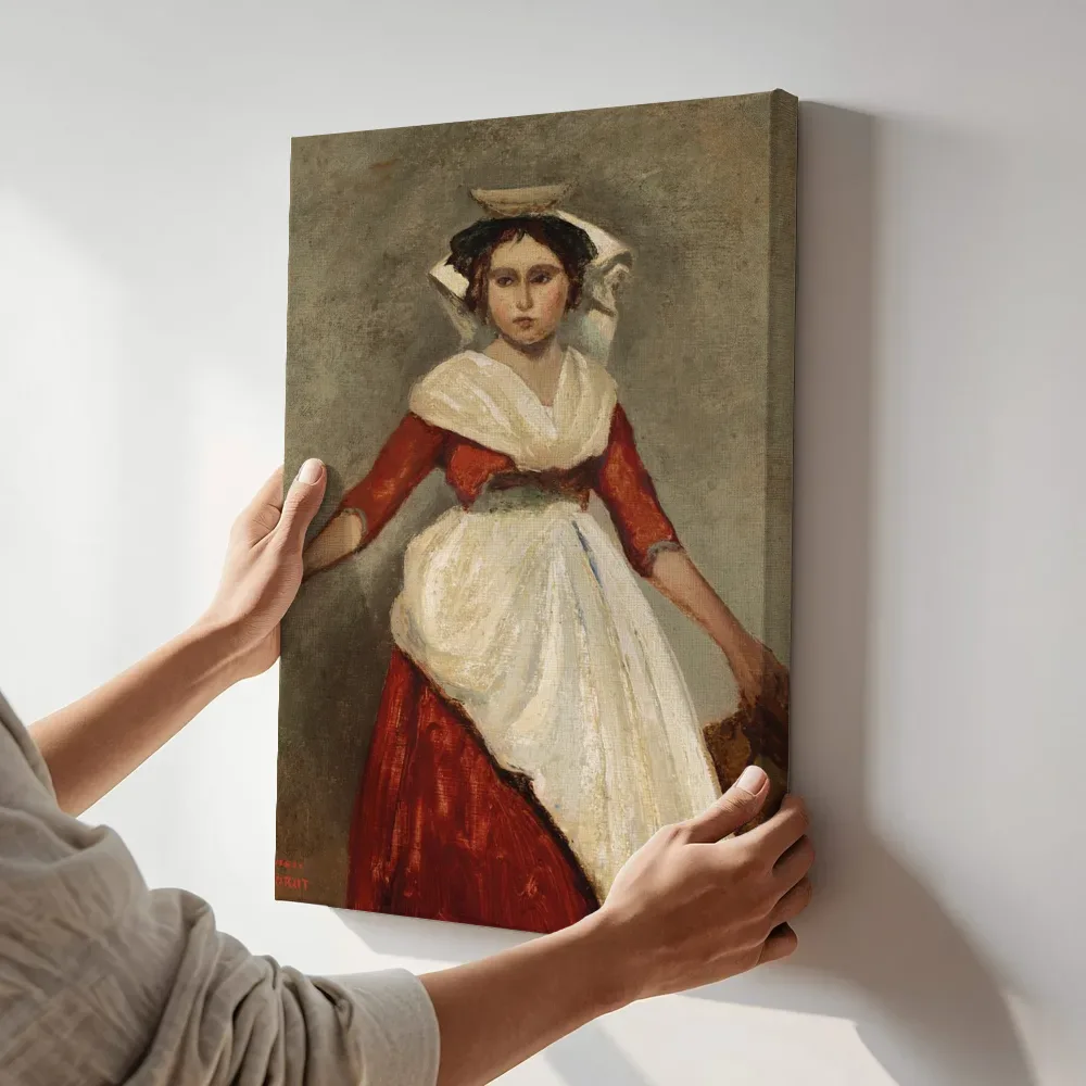 Sfeerimpressie: Italiaanse vrouw met een kruik van Jean-Baptiste-Camille Corot terwijl het aan de muur wordt gehangen