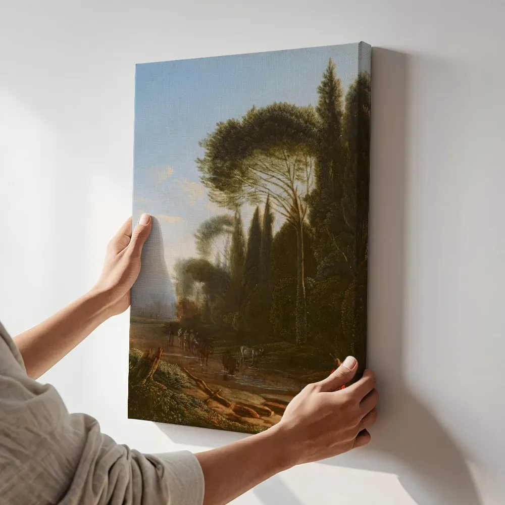 Sfeerimpressie: Italianiserend landschap van Jan Willemsz Lapp terwijl het aan de muur wordt gehangen
