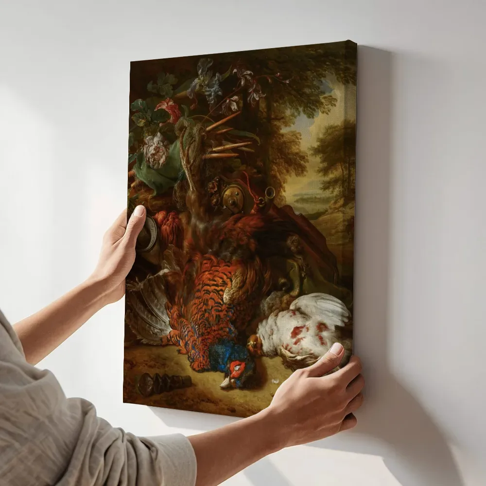 Sfeerimpressie: Jachtstilleven met dode vogels van Jan Weenix terwijl het aan de muur wordt gehangen