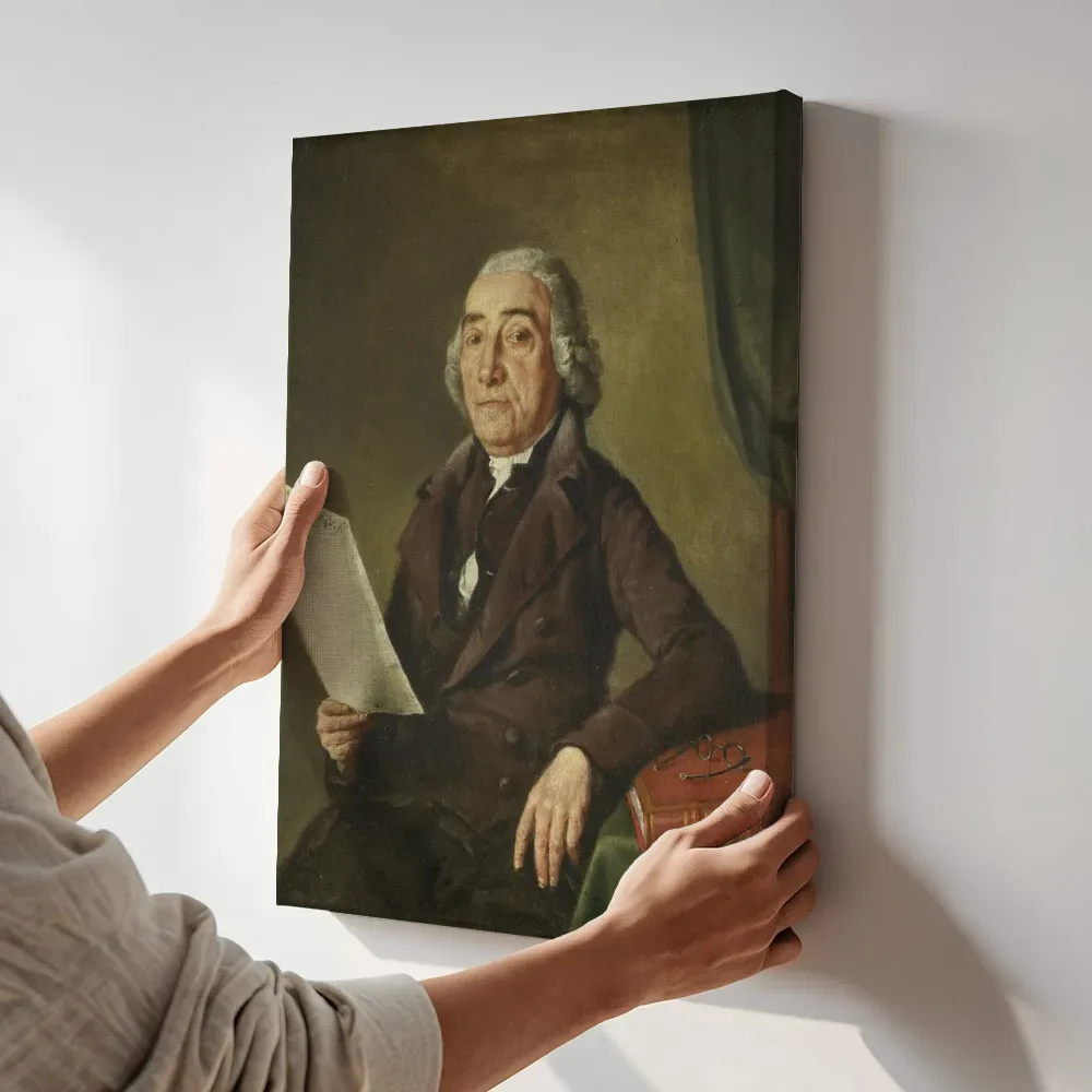 Sfeerimpressie: Jacob de Vos Sr (1735 1833), Amsterdam Art Collector van Wybrand Hendriks terwijl het aan de muur wordt gehangen