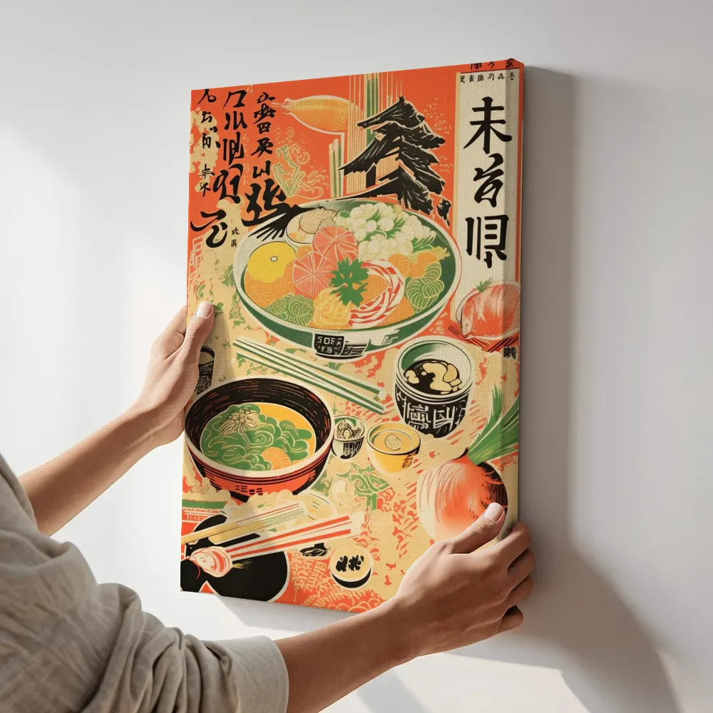 Sfeerimpressie: Japanse poster met ramenkom terwijl het aan de muur wordt gehangen