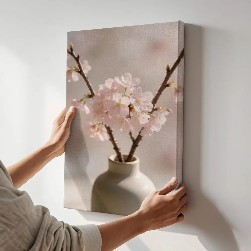 Sfeerimpressie: Japanse Sierkers in de dauw, bleekroze terwijl het aan de muur wordt gehangen