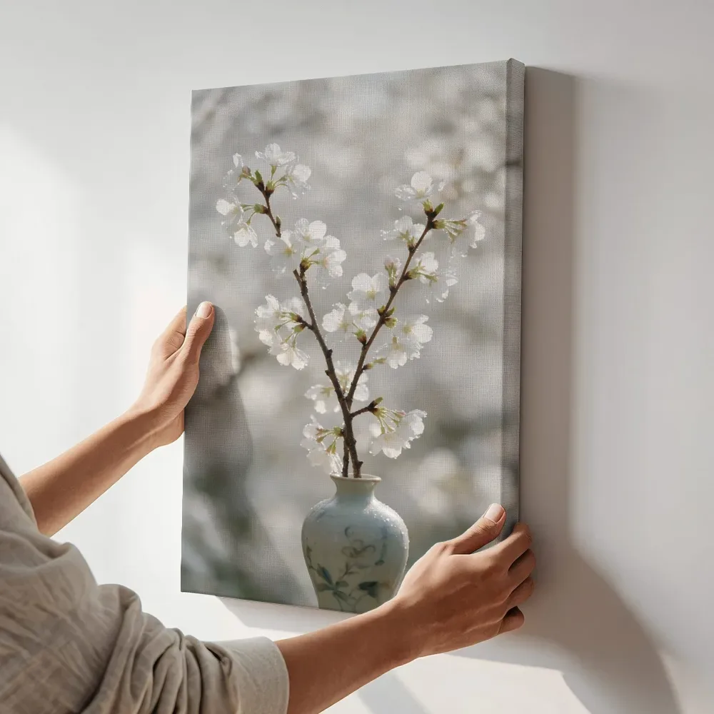 Sfeerimpressie: Japanse Sierkers in de dauw, wit 3 terwijl het aan de muur wordt gehangen