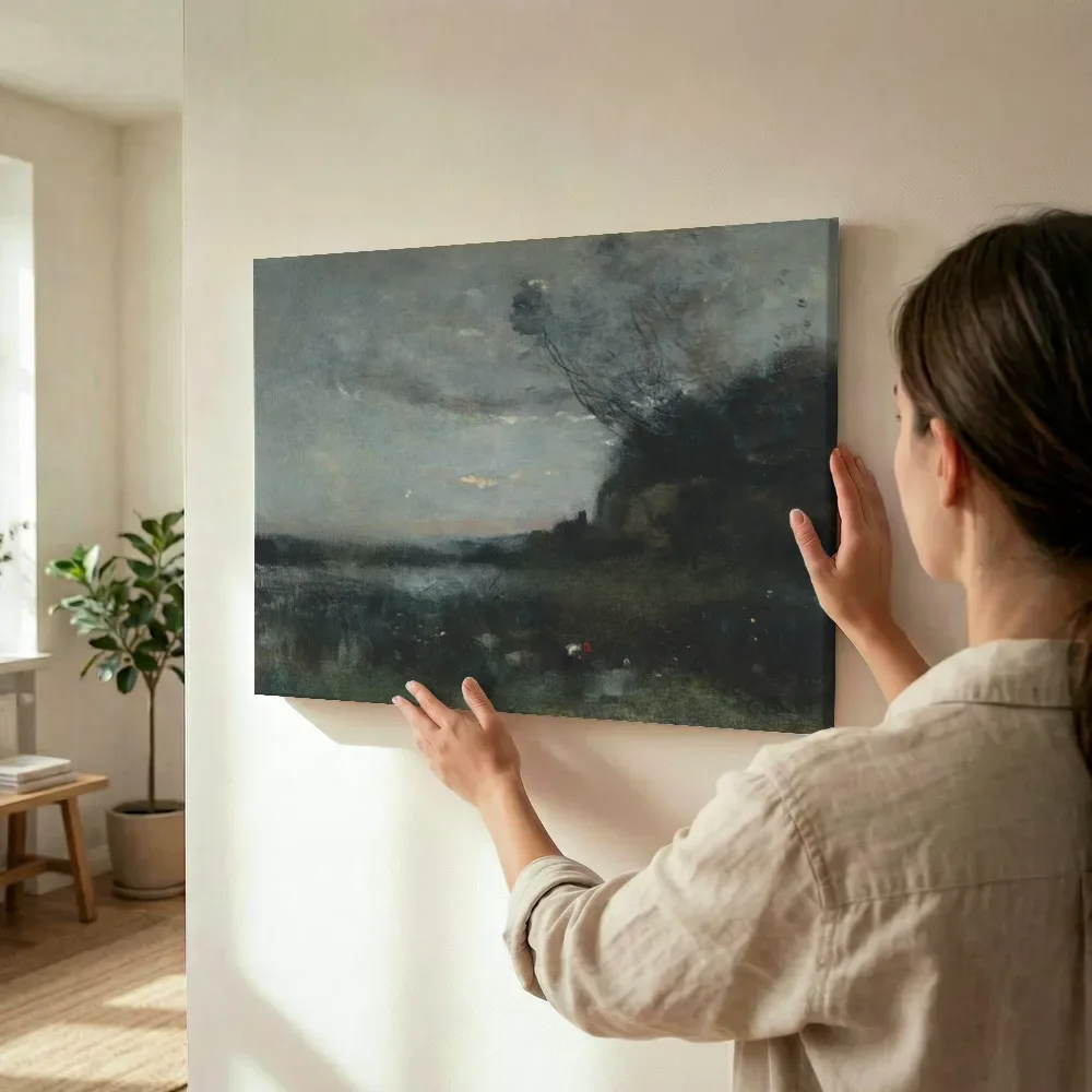 Sfeerimpressie: Avondeffect van Jean-Baptiste-Camille Corot terwijl het wordt opgehangen
