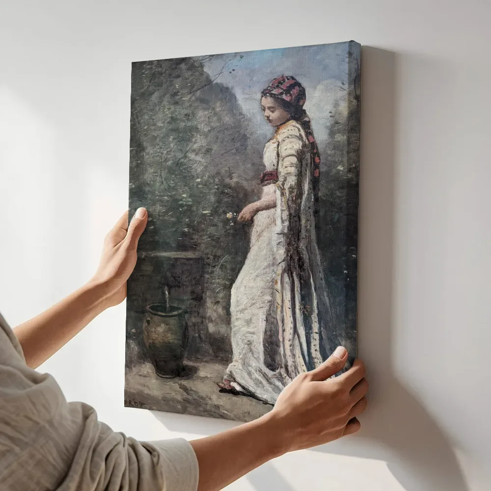 Sfeerimpressie: Grieks meisje bij de fontein van Jean-Baptiste Camille Corot terwijl het aan de muur wordt gehangen