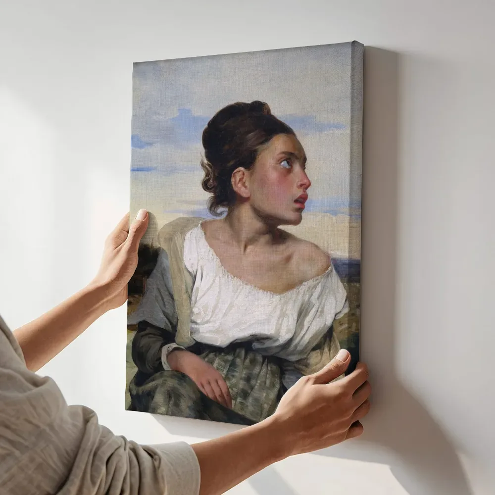 Sfeerimpressie: Jong weesmeisje op het kerkhof van Eugène Delacroix terwijl het aan de muur wordt gehangen