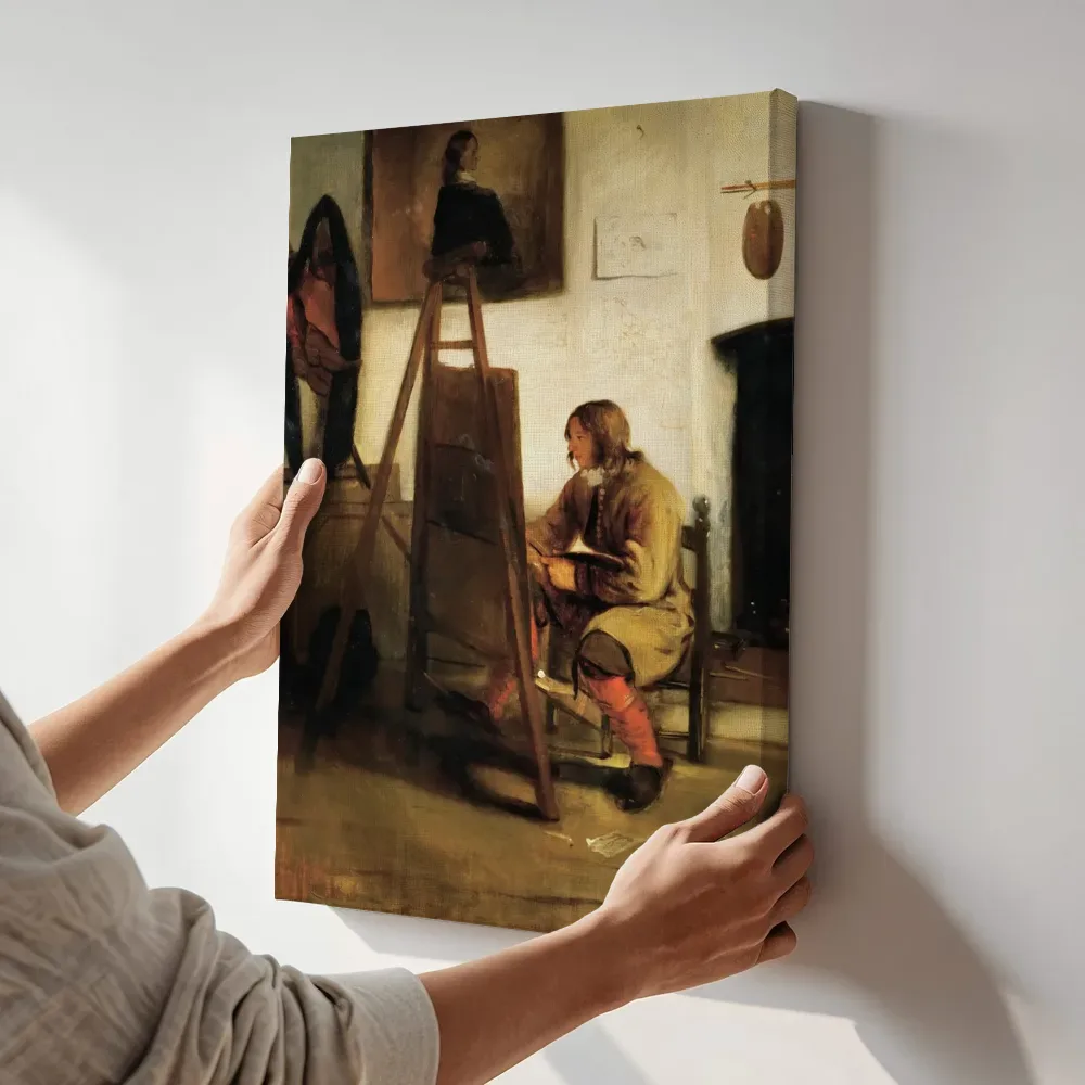Sfeerimpressie: Jonge schilder in zijn atelier van Barent Fabritius terwijl het aan de muur wordt gehangen