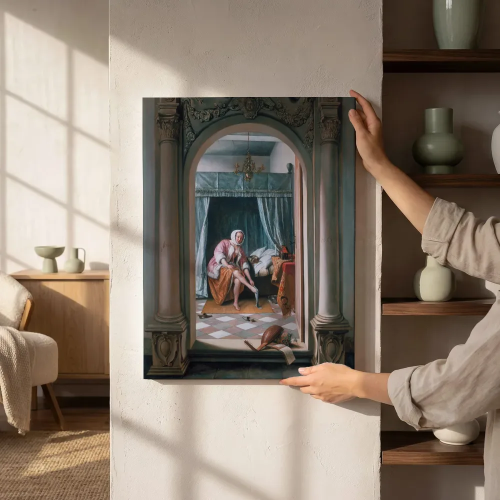 Sfeerimpressie: Jonge vrouw, die een kous aantrekt van Jan Steen naast de kast