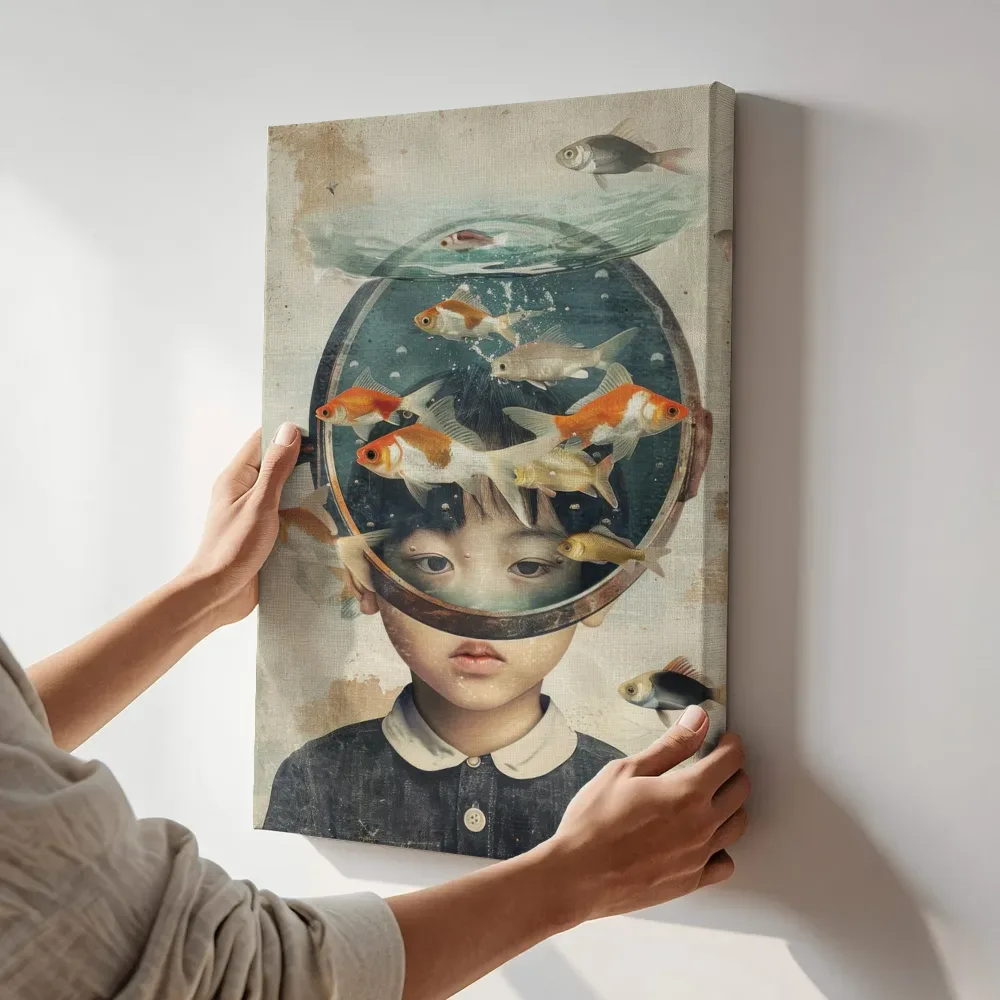 Sfeerimpressie: Jongen met aquariumhelm terwijl het aan de muur wordt gehangen