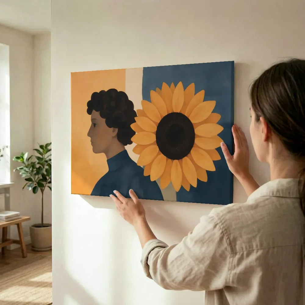 Sfeerimpressie: Jongen met zonnebloem in grijsblauw en abrikoos terwijl het omhoog wordt gehouden