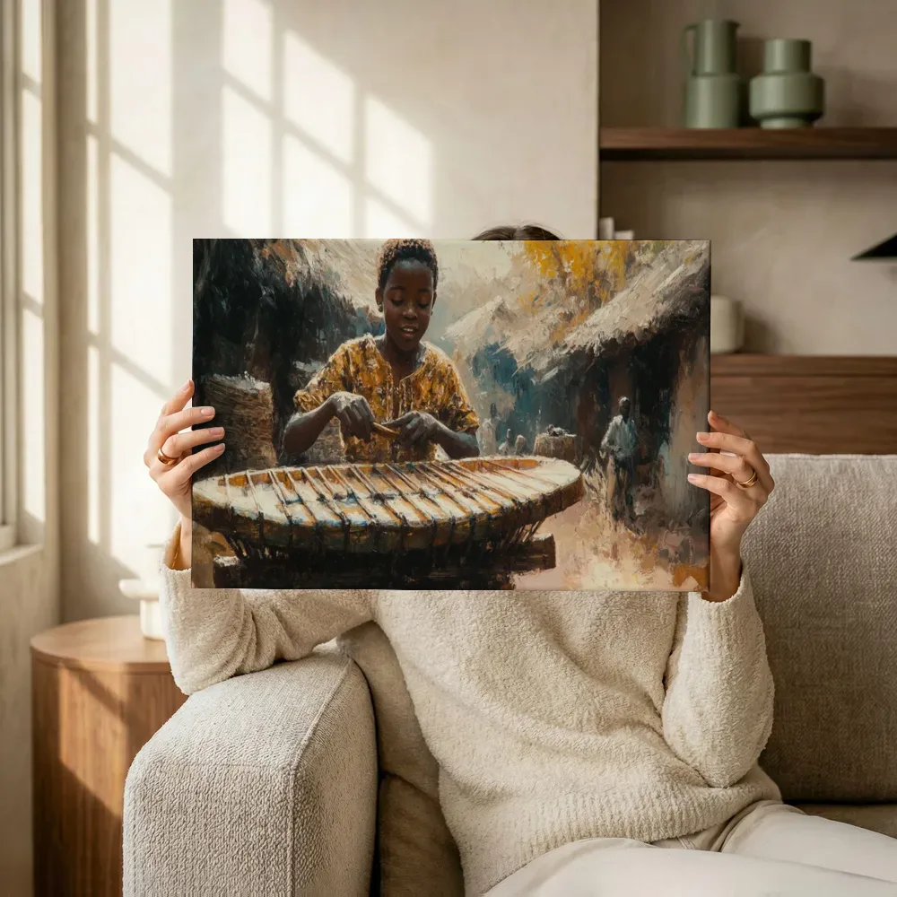 Sfeerimpressie: Jongen speelt balafoon terwijl het omhoog wordt gehouden