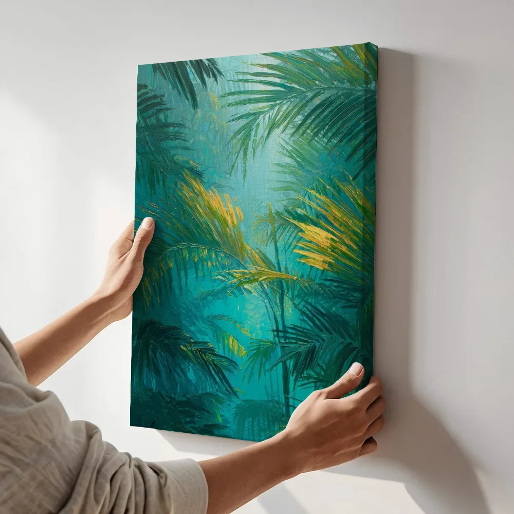 Sfeerimpressie: Jungle doorkijk in teal terwijl het aan de muur wordt gehangen
