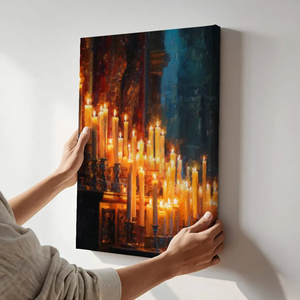 Sfeerimpressie: Kaarsenrij in kathedraal terwijl het aan de muur wordt gehangen