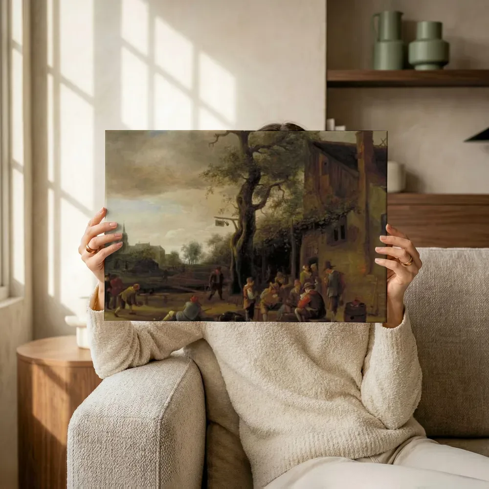 Sfeerimpressie: Kaartspelers en kegelaars bij een herberg van Jan Steen terwijl het omhoog wordt gehouden
