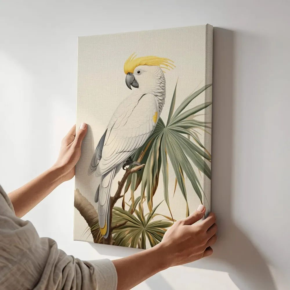 Sfeerimpressie: Kaketoe met gele kuif terwijl het aan de muur wordt gehangen
