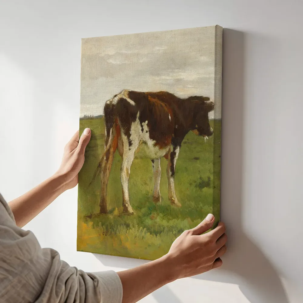 Sfeerimpressie: Kalf in een landschap van Anton Mauve terwijl het aan de muur wordt gehangen