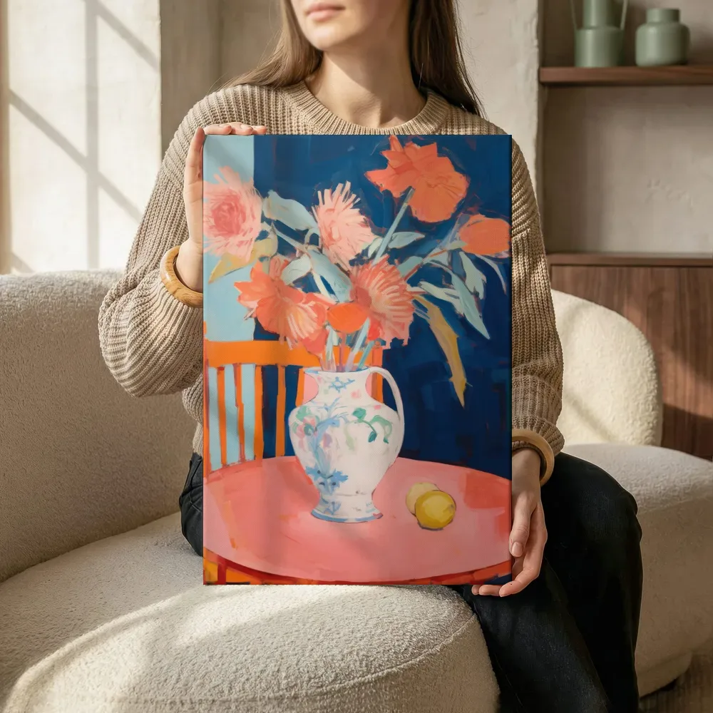 Sfeerimpressie: Kan met bloemen op oranje tafel terwijl het zittend wordt getoond