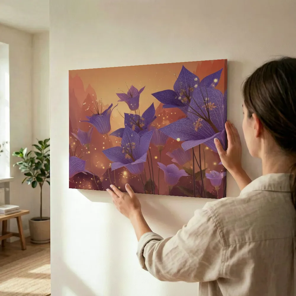 Sfeerimpressie: Kanten klokbloemen bij zonsondergang terwijl het wordt opgehangen