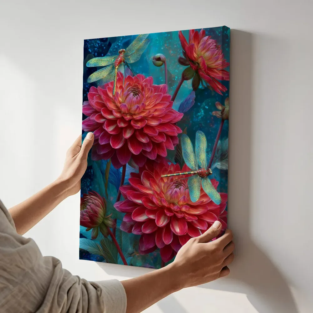 Sfeerimpressie: Karmozijnen dahlia's onder de sterren terwijl het aan de muur wordt gehangen