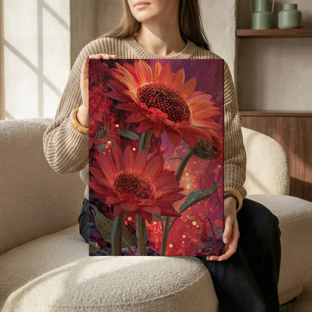 Sfeerimpressie: Karmozijnrode zonnebloemen in close-up terwijl het zittend wordt getoond