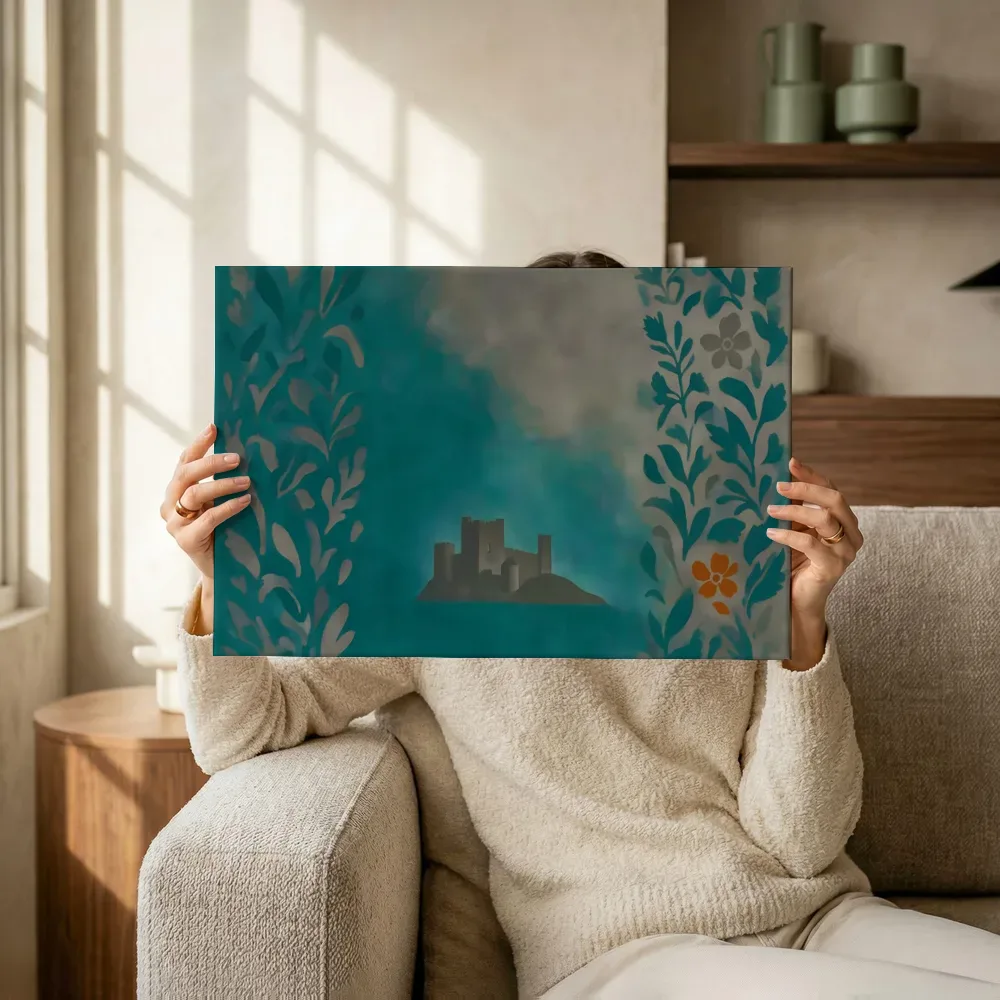 Sfeerimpressie: Kasteel in aqua en warm grijs terwijl het omhoog wordt gehouden