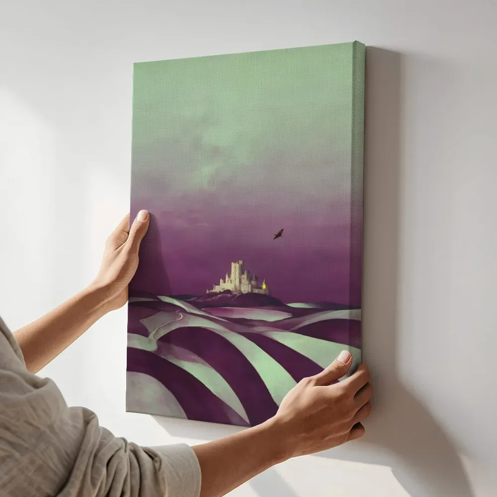 Sfeerimpressie: Kasteel in aubergine en mint terwijl het aan de muur wordt gehangen