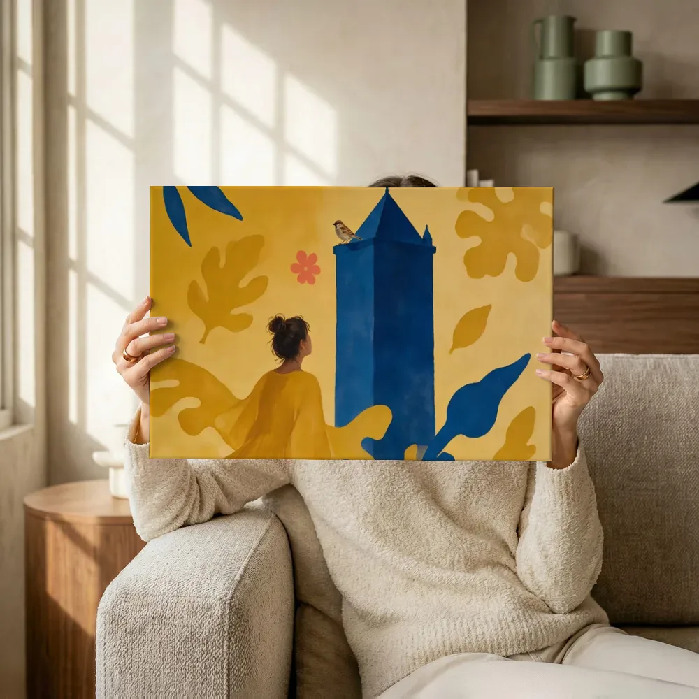Sfeerimpressie: Kasteel in delftsblauw en mosterd terwijl het omhoog wordt gehouden