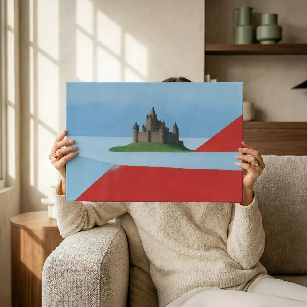 Sfeerimpressie: Kasteel in hemelblauw en klaproosrood terwijl het omhoog wordt gehouden
