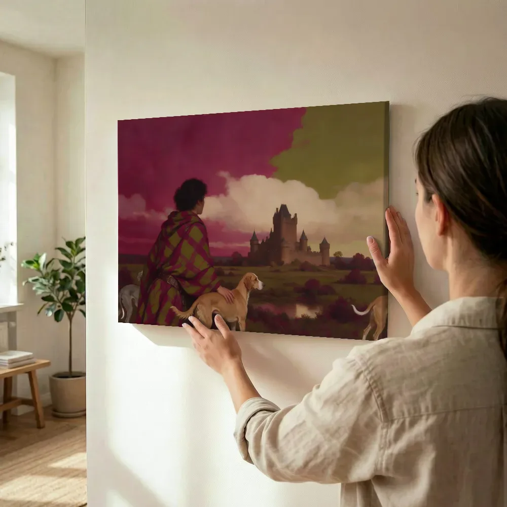 Sfeerimpressie: Kasteel in magenta en olijfgroen terwijl het wordt opgehangen