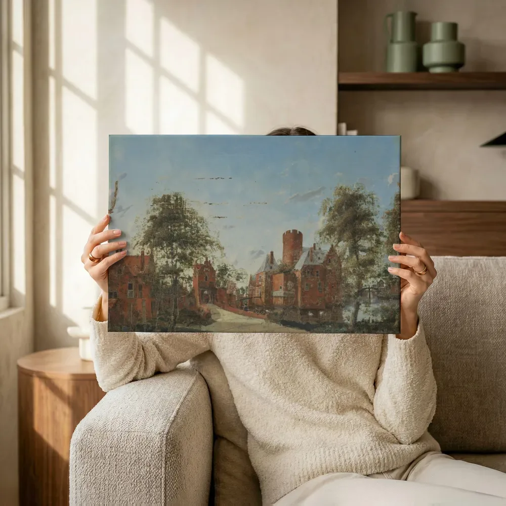 Sfeerimpressie: Kasteel Loenersloot aan de Angstel van Jan van der Heyden terwijl het omhoog wordt gehouden