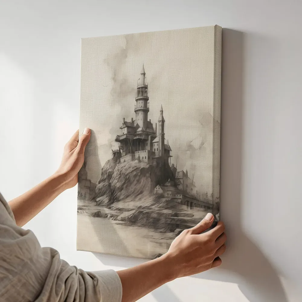 Sfeerimpressie: Kasteel op de rots terwijl het aan de muur wordt gehangen