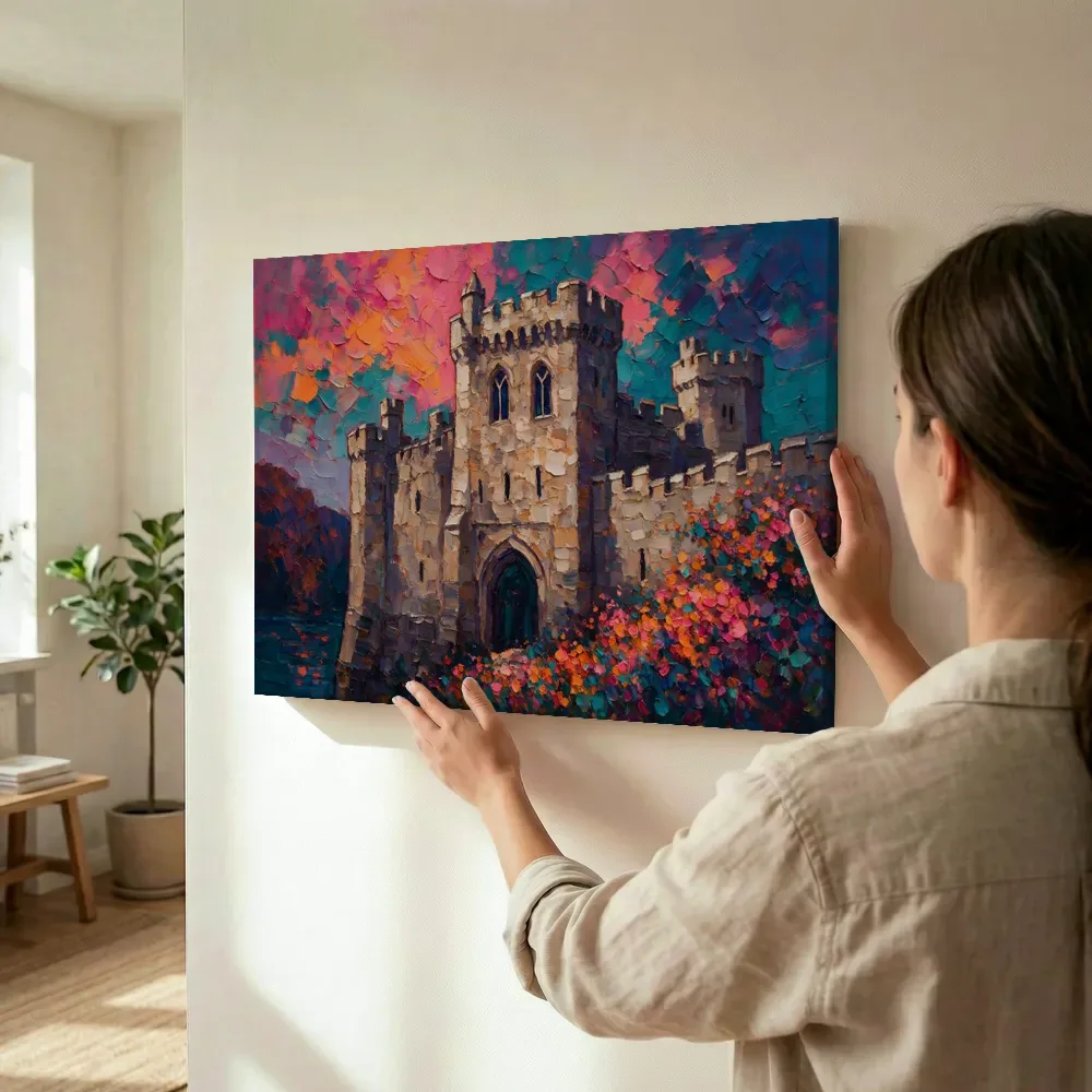 Sfeerimpressie: Kasteel van dichtbij donker in een bloementuin terwijl het wordt opgehangen