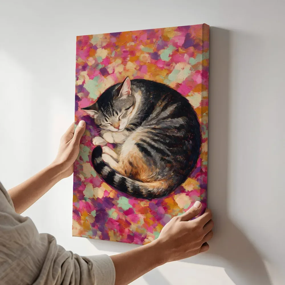 Sfeerimpressie: Kat in fel magenta terwijl het aan de muur wordt gehangen