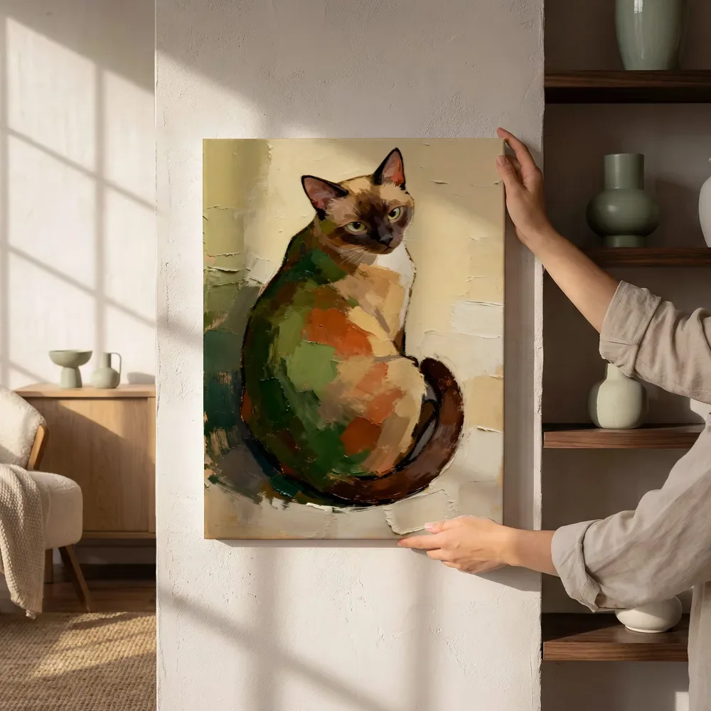 Sfeerimpressie: Kat in groen en terracotta naast de kast