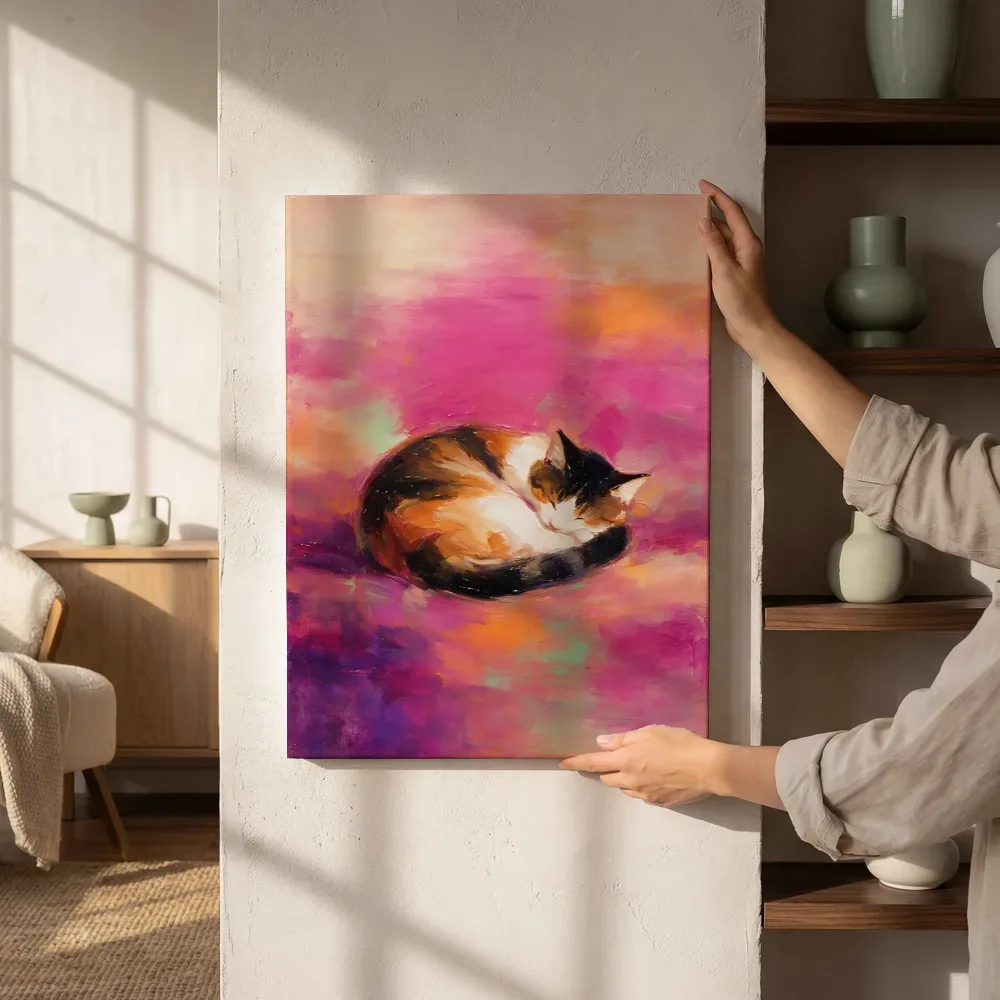 Sfeerimpressie: Kat in houding, magenta naast de kast