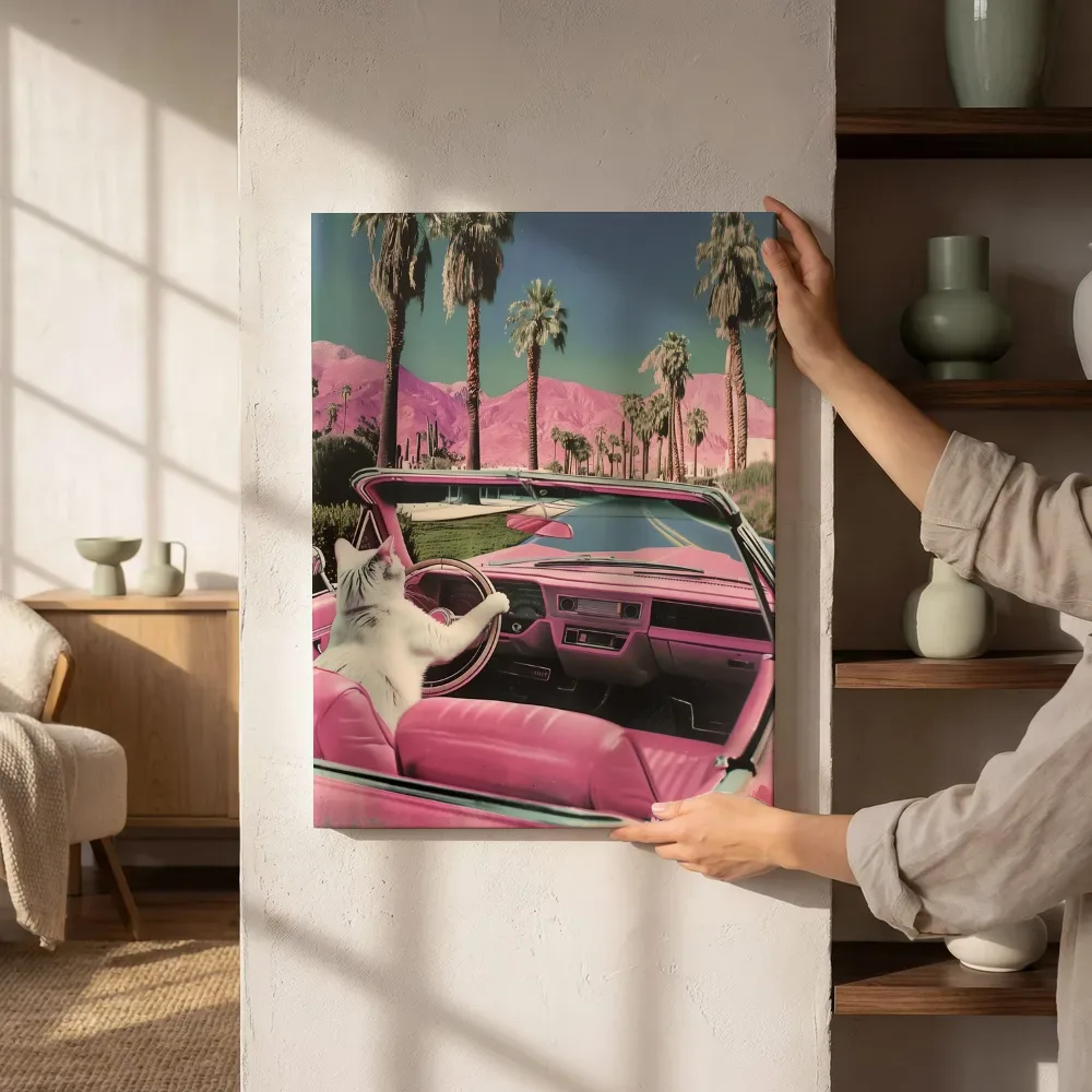 Sfeerimpressie: Kat in roze cabriolet naast de kast