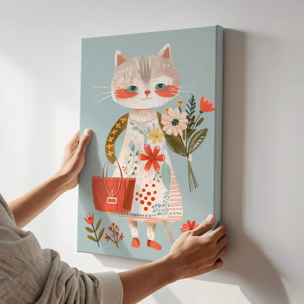 Sfeerimpressie: Kat op wandeling met bloemenmand terwijl het aan de muur wordt gehangen