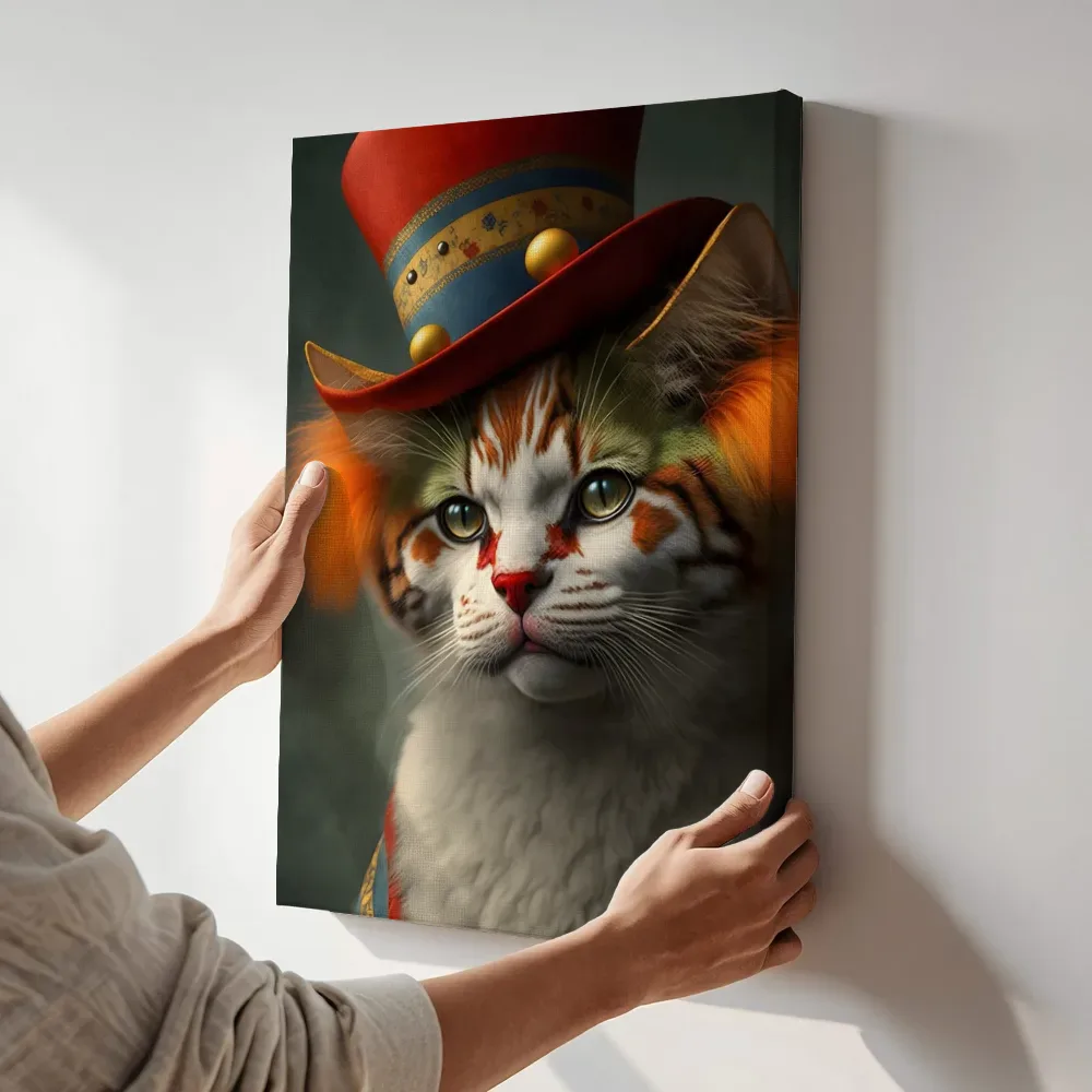 Sfeerimpressie: Kat met hoed en schmink terwijl het aan de muur wordt gehangen