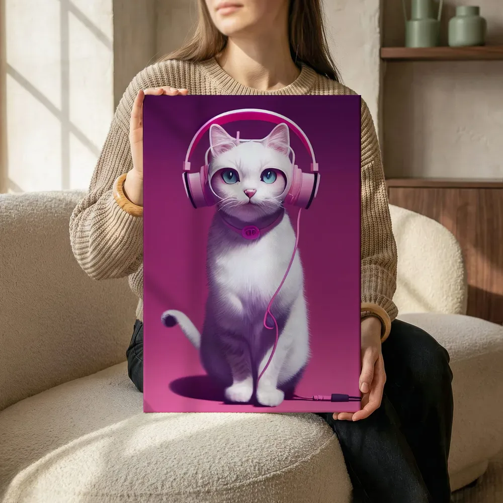Sfeerimpressie: Kat met koptelefoon terwijl het zittend wordt getoond