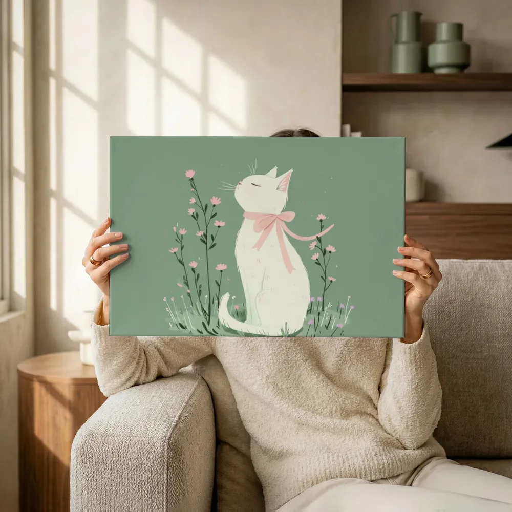 Sfeerimpressie: Katje met strik tussen de bloemen terwijl het omhoog wordt gehouden