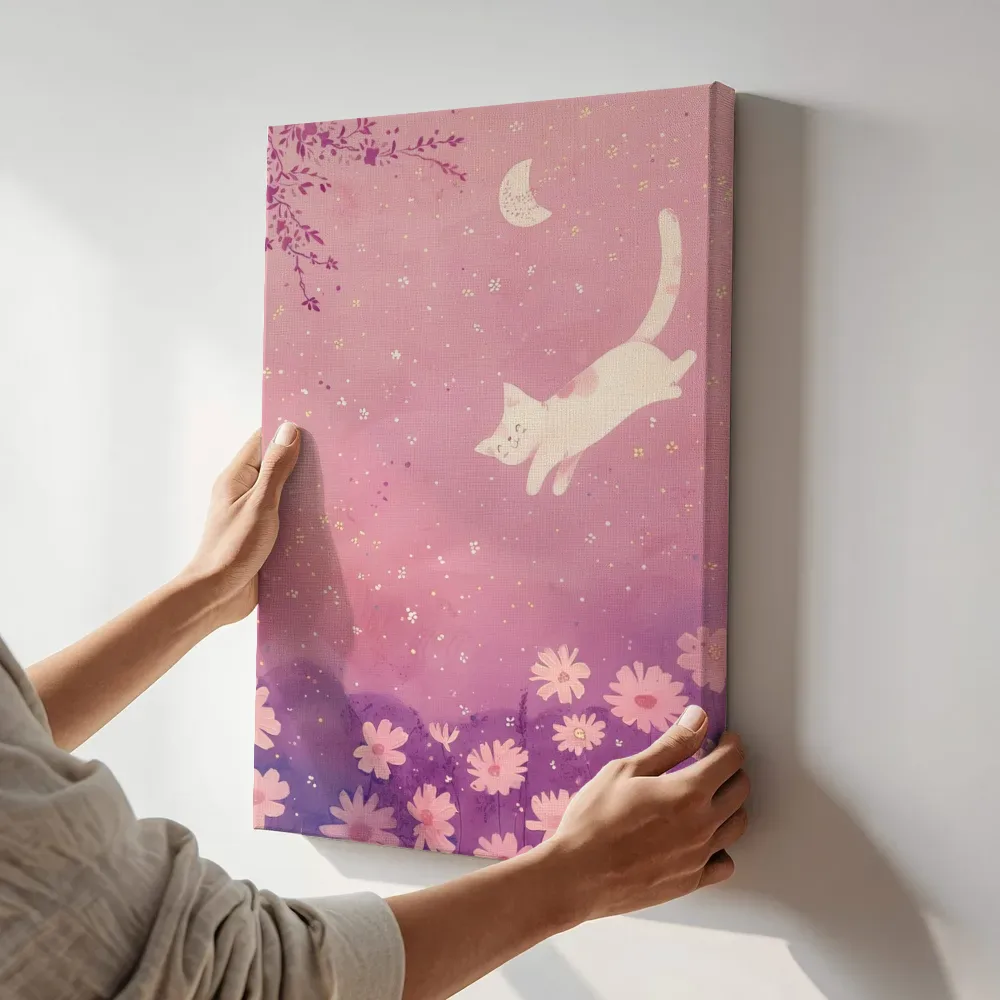 Sfeerimpressie: Katje onder de maan terwijl het aan de muur wordt gehangen