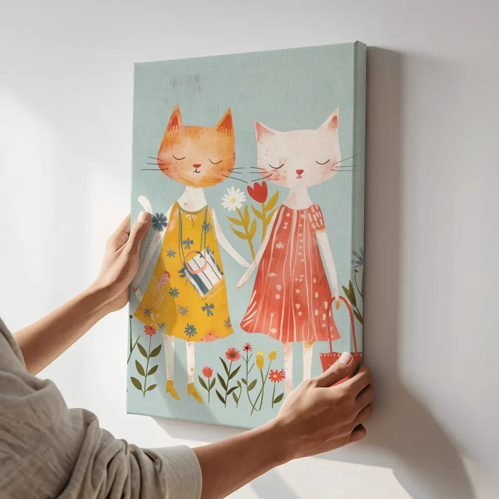 Sfeerimpressie: Katten vriendinnen in jurkjes terwijl het aan de muur wordt gehangen