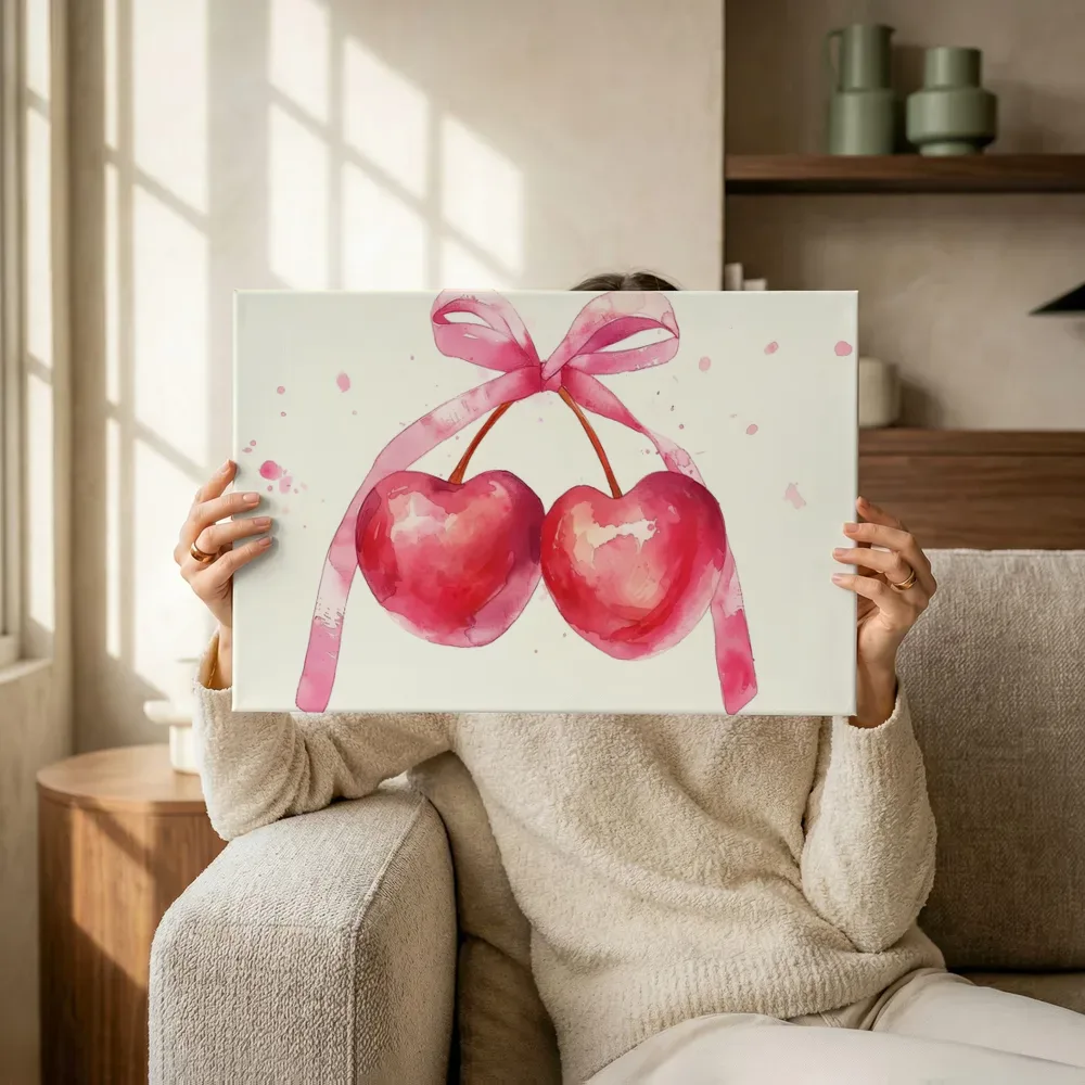 Sfeerimpressie: Kersen met roze strik terwijl het omhoog wordt gehouden