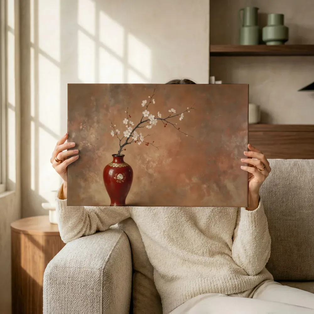 Sfeerimpressie: Kersenbloesem in terracotta en brons terwijl het omhoog wordt gehouden