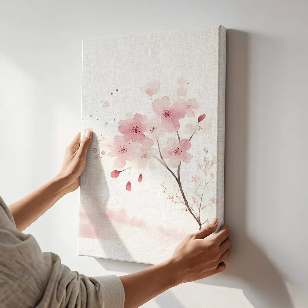 Sfeerimpressie: Kersenbloesem tak aquarel terwijl het aan de muur wordt gehangen